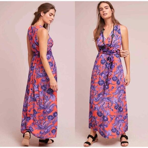 Anthropologie MAEVE Macie Maxi Dress Purple Floral Print Orange Purple Sz US 6 - Picture 1 of 14